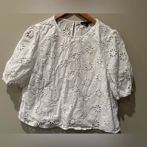 Adrianna Papell White Embellished Puff‎ Sleeve Blouse Size Large Floral Eyelet